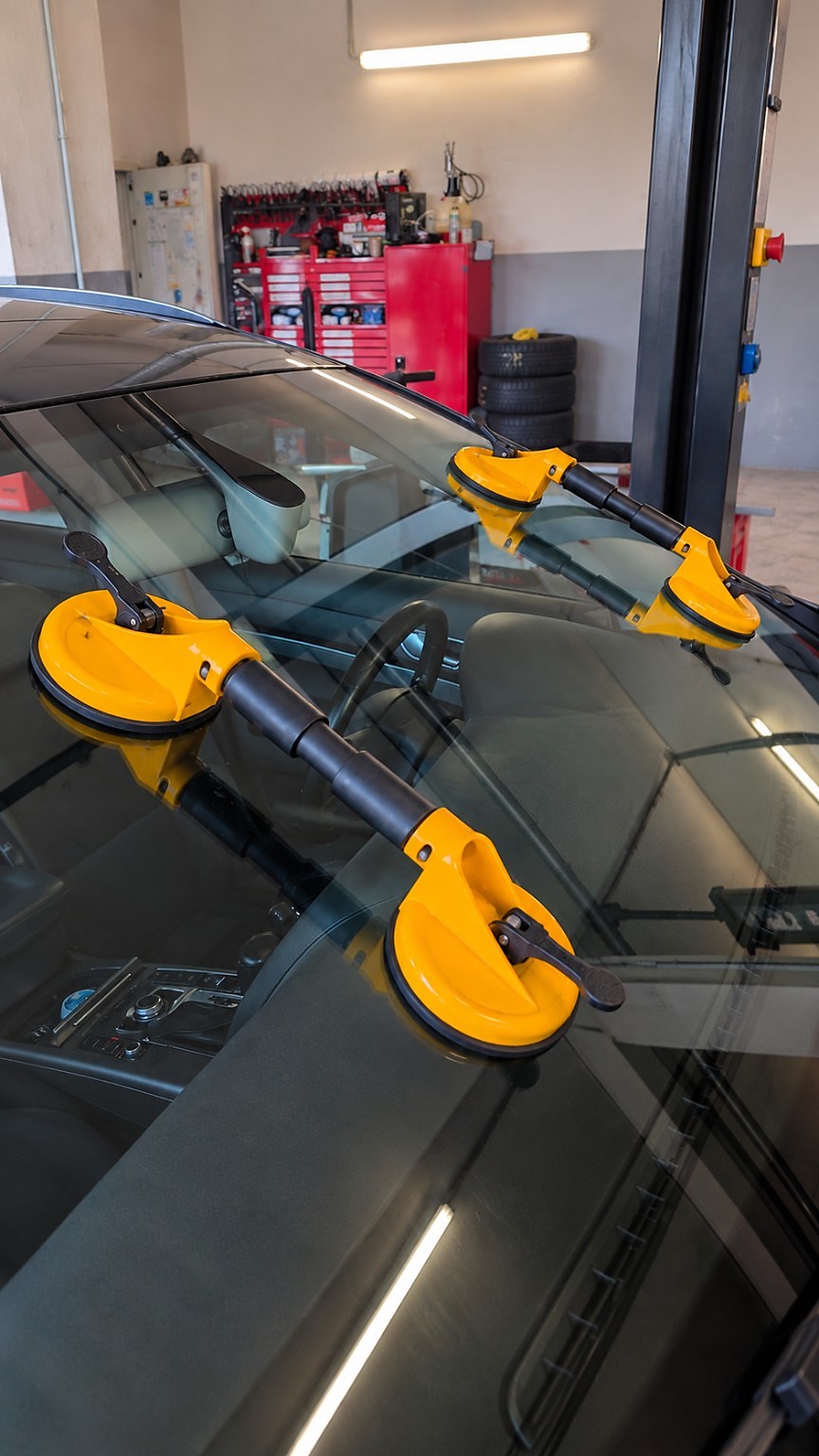 Autoglasarbeit an einer Fahrzeugscheibe mit Saughebern