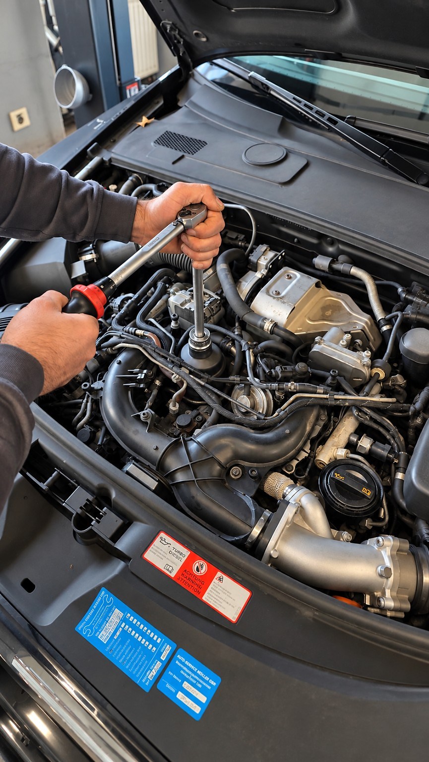 Reparatur- und Wartungsarbeit am Motor mit Drehmomentschlüssel